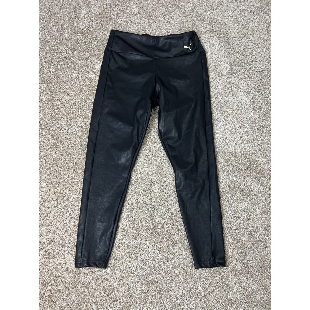 Puma Womens Black Faux Leather Crackle High Waist Leggings Iridescent Logo L